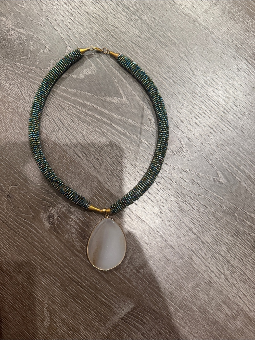 Green Beaded Rope Necklace with Frosted Teardrop Pendant